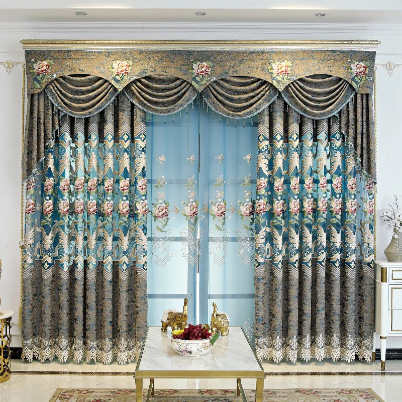 

Chenille Curtains for Living Room Bedroom High-end European Style Gauze Embroidered Transparent Valance Window Blue Tulle