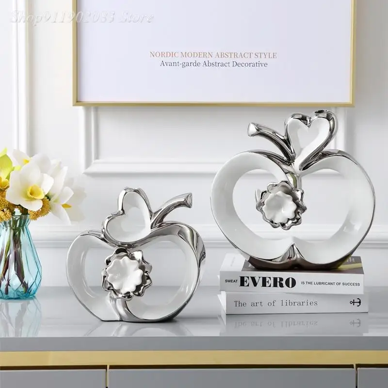 

Creative Ceramic Handicraft Ornaments Apple Love Flowers Silver Simulation Fruit Abstract Hollow Modern Home Decoration