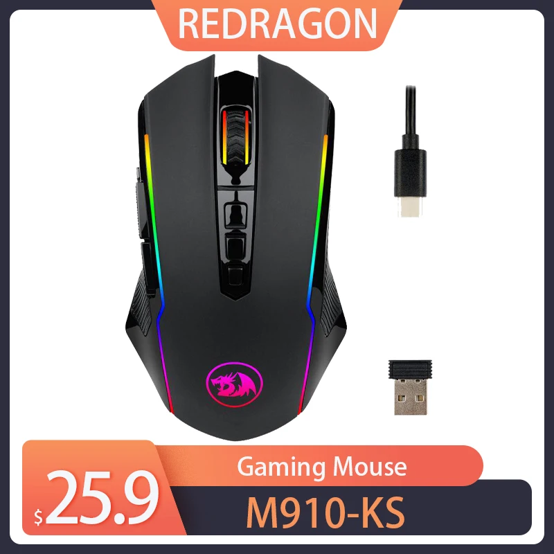 

Redragon M910-KS RANGER LITE RGB 2.4G Wireless/Wired Dual Modes Gaming Mouse 8000 DPI with Rapid Fire Buttons