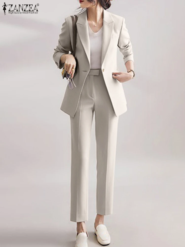 

Комплект ZANZEA женский винтажный из 2 предметов, блейзер с длинным рукавом и воротником с лацканами, свободные брюки, элегантный спортивный костюм в офисном стиле