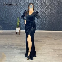 romantic black velour evening dress sweetheart side high slit full sleeves long prom gowns plus size party dress for women 2022