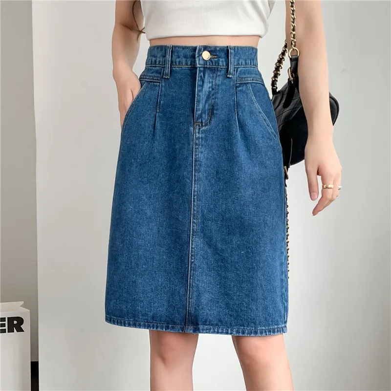 

New Korean Fashion Sexy Splicing Fold Woman Skirts Womens Medium-long Jean Skirt Casual Female Girls Denim Skirt Dropshipping