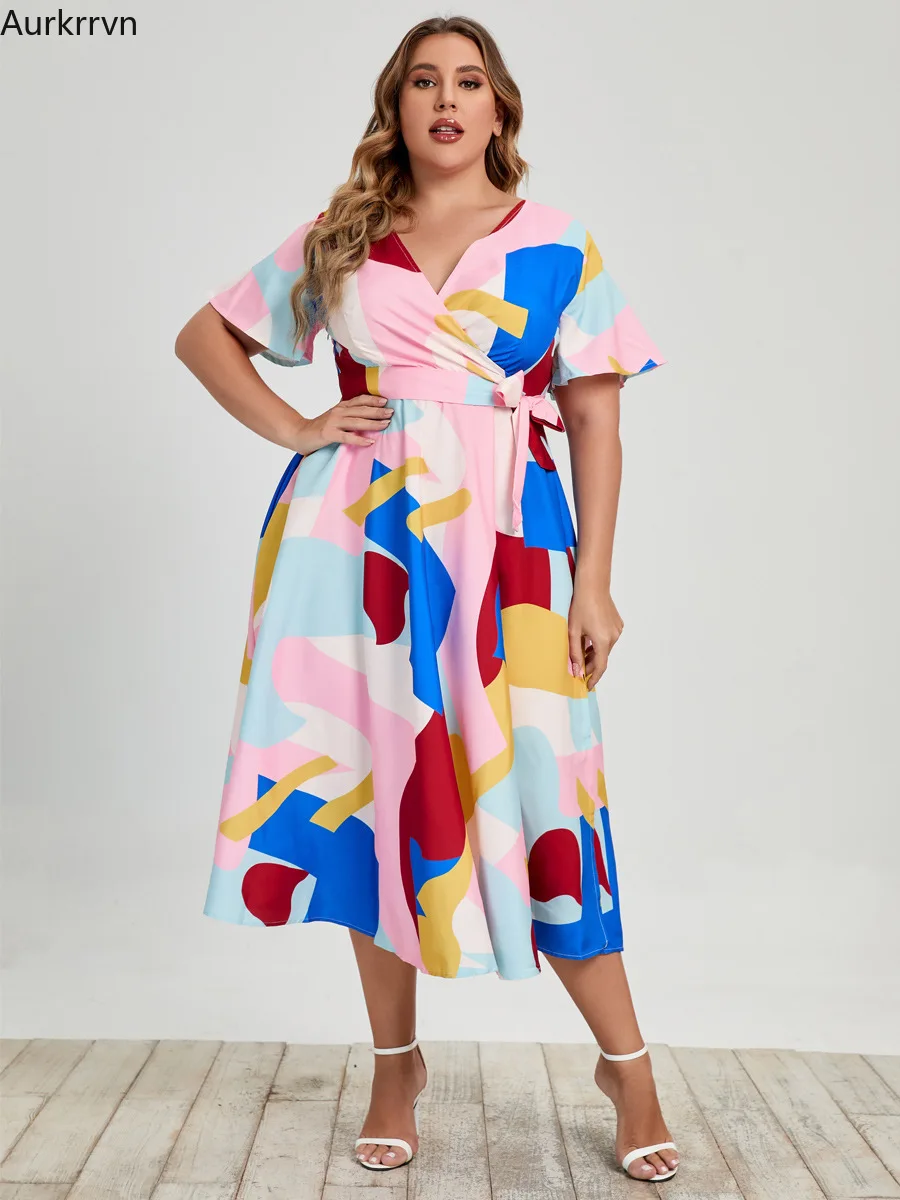 

Plus Size Dresses Casual Loose Chic and Elegant Woman Dress Patchwork Colours Lace Up Midi Dress Party Summer Dresses Woman 2022