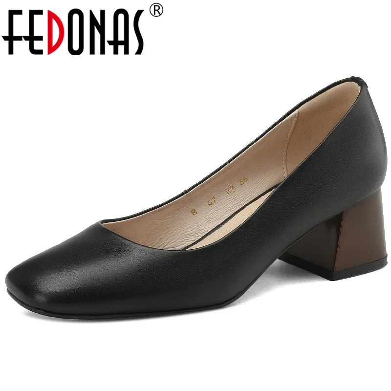 

FEDONAS Women Pumps Spring Summer Basic Genuine Leather Thick Heels Square Toe Office Ladies Dress Shoes Woman Fashion Concise