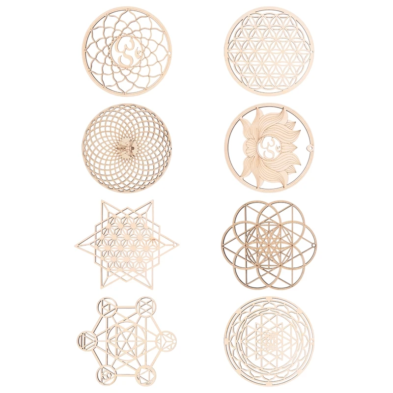 

8Pack 14Cm Wooden Wall Sign Flower Of Life Shape Coaster Wood Wall Art DIY Coaster Craft Making Geometry