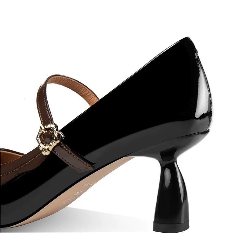 【JOCHEBED HU】Brand Genuine Leather New Style Small Pointed Toe Color Matching Shallow Mouth Mary Janes Shoe Strap Mid-Heel 33-43
