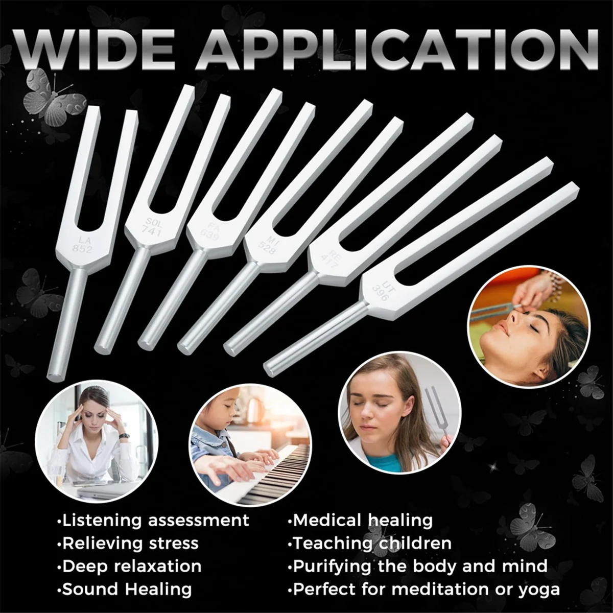 Комплект вилок для настройки 6 (UT 396 Гц RE 417 MI 528 SOL 639 fa741гц LA 852 Гц) с деревянным