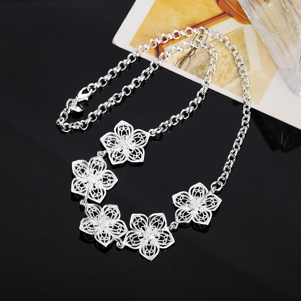

Hot sell 925 Stamp silver cute women lady wedding retro charm flowers Necklace Fashion trends Jewelry Gifts charms