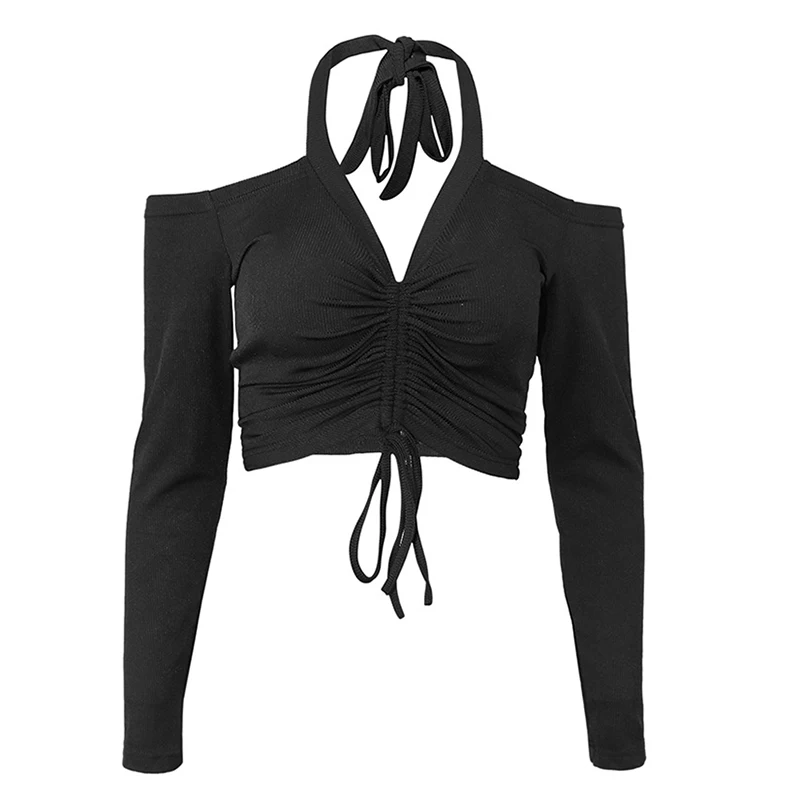 2022 Sexy Women Black Short Crop Tops Knit Halter Shirts Ladies Casual  Long Sleeve Spring Autumn Women's Tube Top Female Blusas