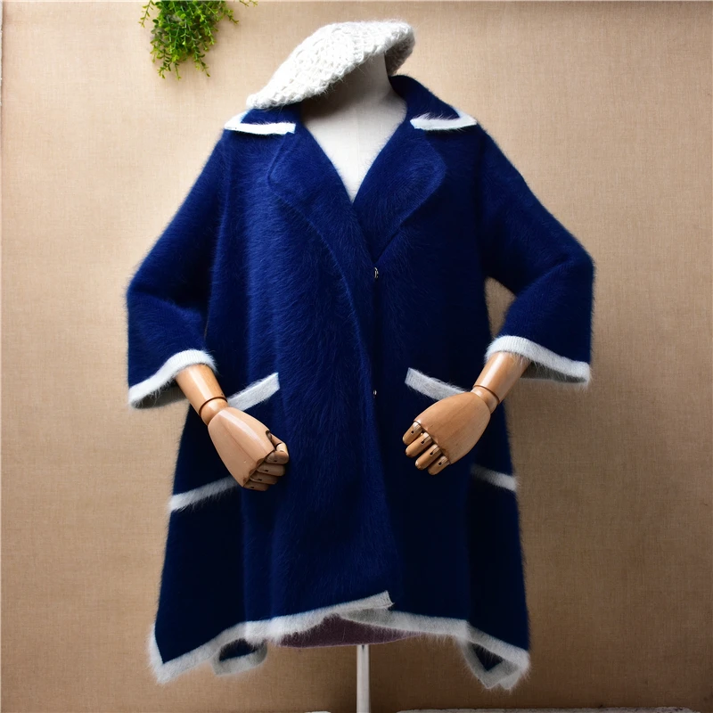

1.4KG female women autumn winter clothing mink cashmere knitted suit collar three quarter sleeves loose cardigan coat sweater