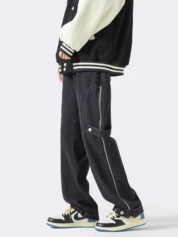 Side Zipper Open Design Men's Loose Denim Trousers Retro Straight Street Loose Wide Leg Split Trousers Designer Jeans Pants Men