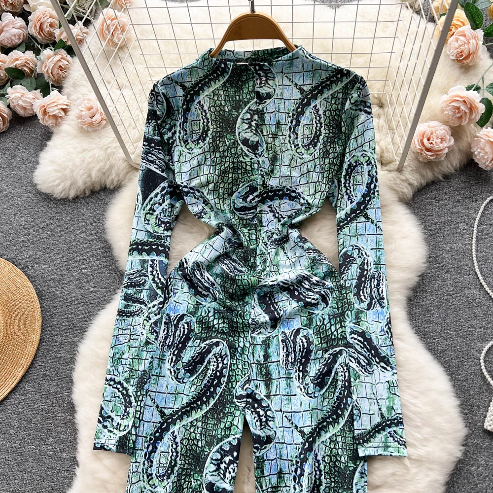 Clothland Women Sexy Snake Print Backless Jumpsuits Animal Print Long Sleeve Stretchy Slim Chic Casual Long Playsuits KA291