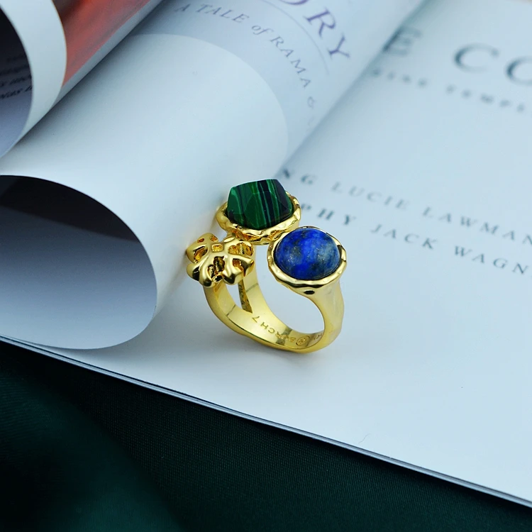 

Women's Natural Lapis Lazuli Malachite Inlaid Metal Open Ring