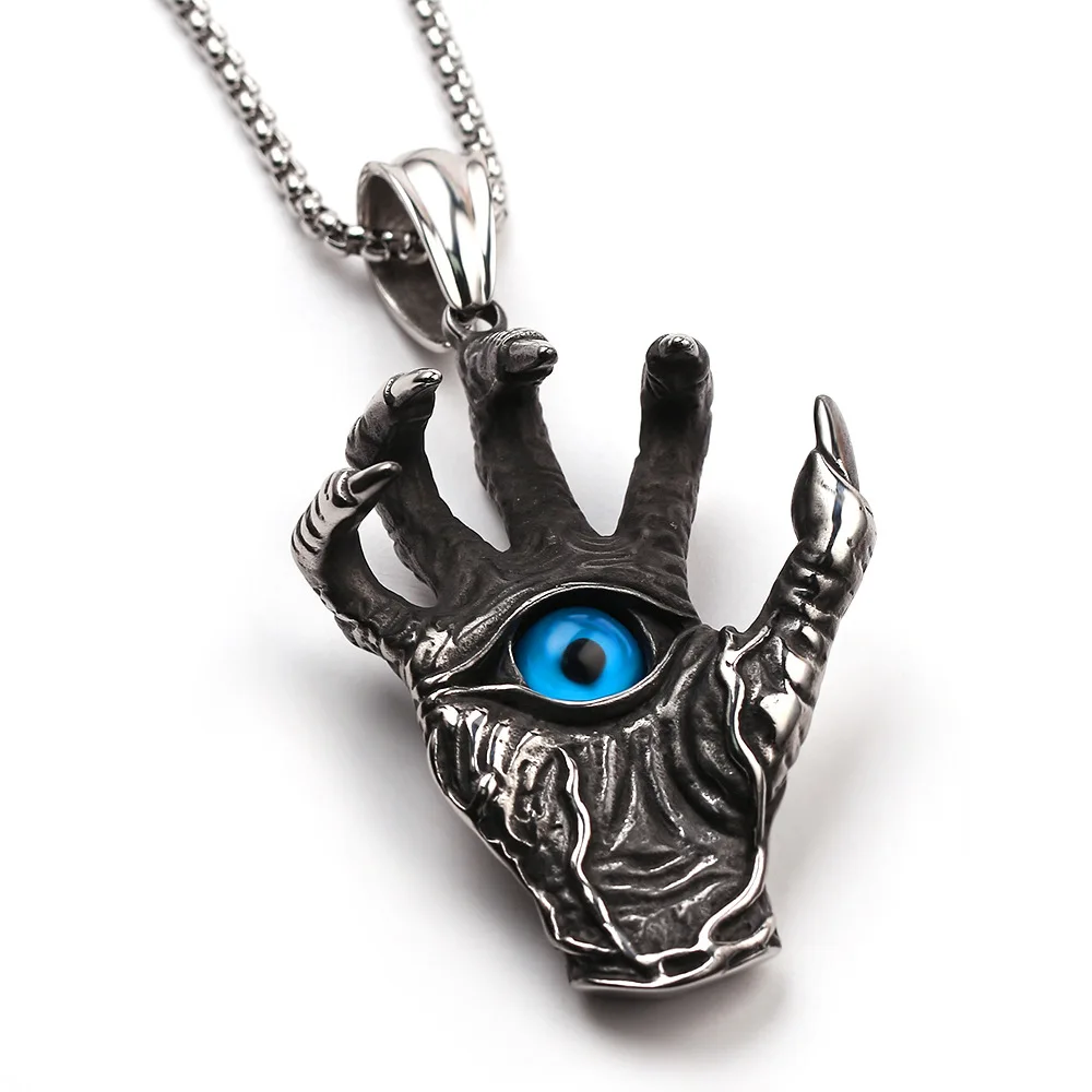 

Vintage Punk Gothic Style Blue Eye Demon Hand Palm Pendant Necklace Domineering Men's Rock Biker Jewelry