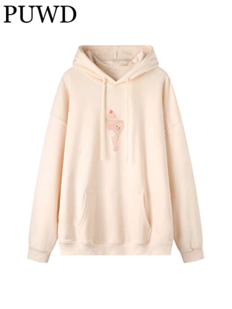 

Толстовка PUWD Женская с длинным рукавом, мягкий хлопок, бежевая свободная, с мультяшным принтом, модный винтажный шикарный топ, весна 2023