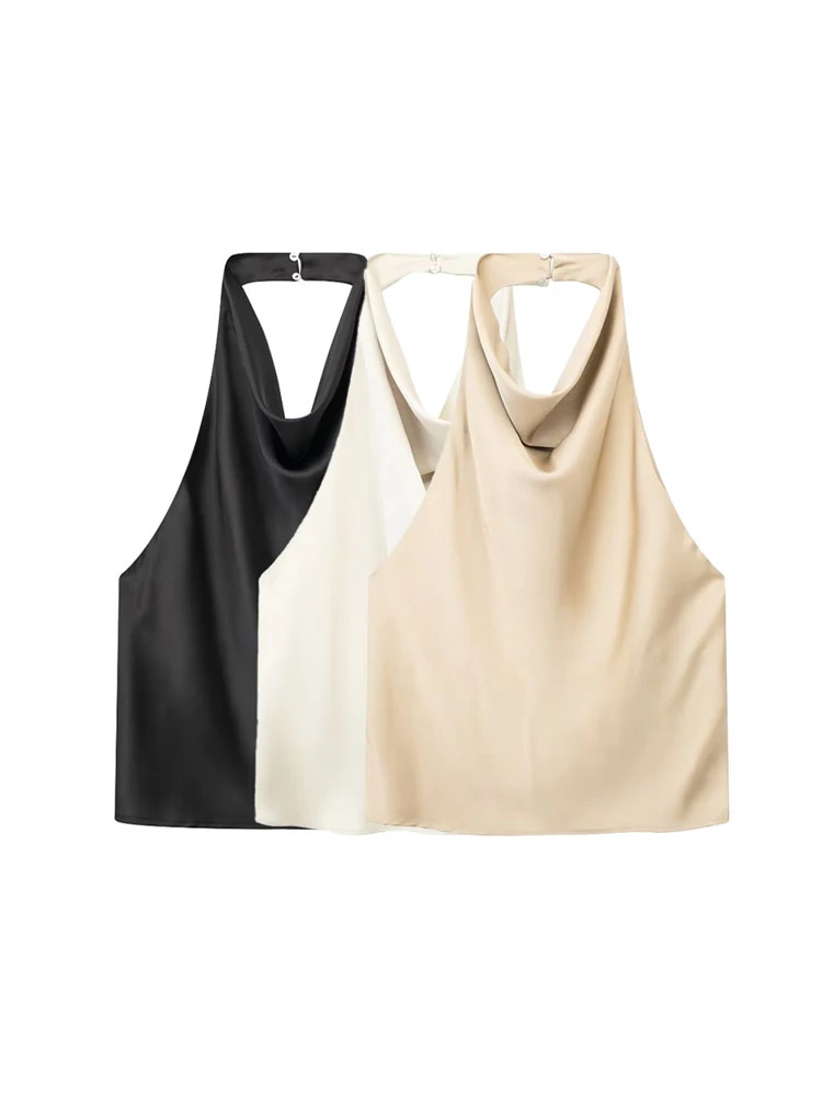 

TRAF Women Sexy Fashion Satin Flowing Halter Tank Tops Vintage Backless with Button Female Casual Camis Mujer Halter-clothes
