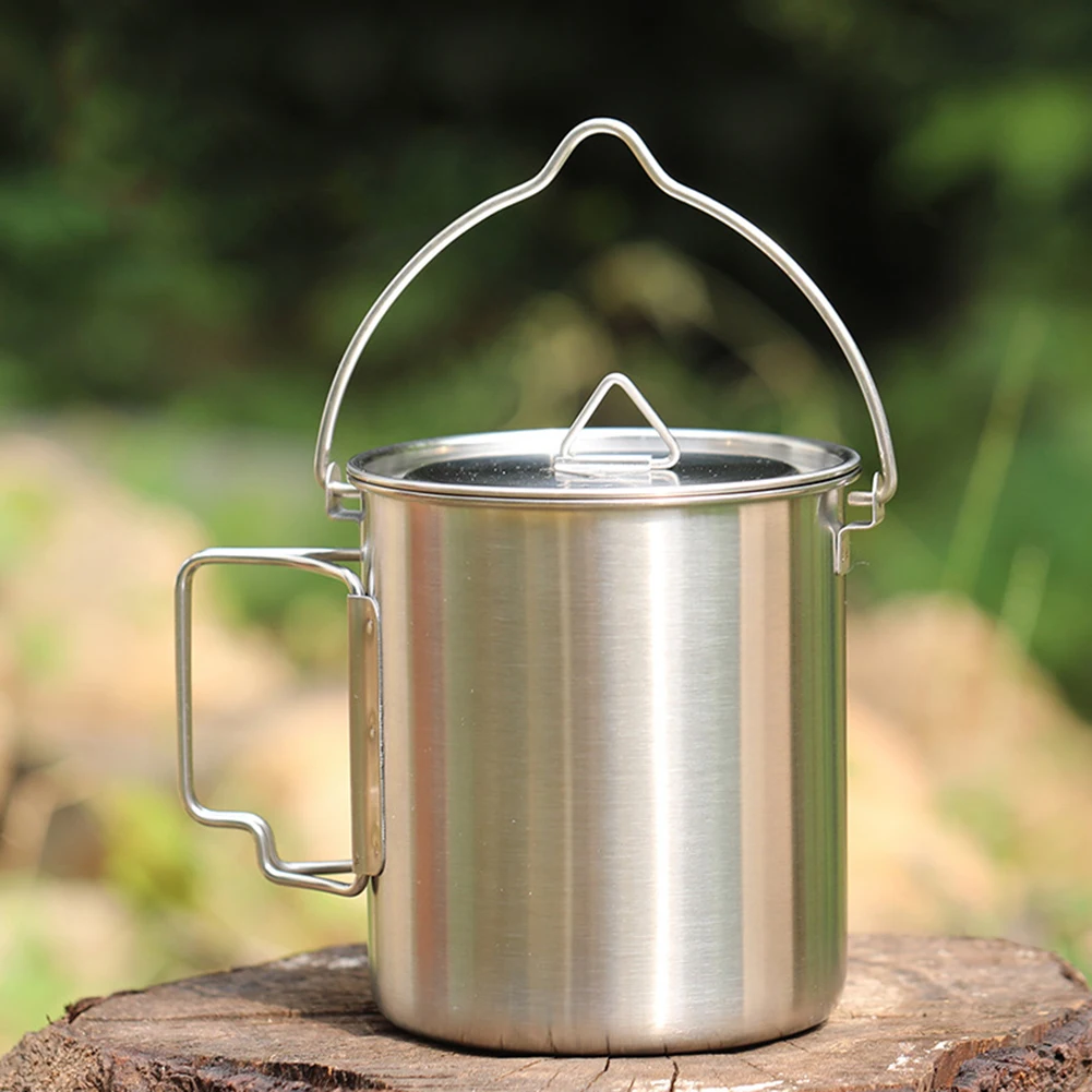 

750ml Ultralight Stainless Steel Outdoor Cup Utensils with Lids Folding Handle Hiking Heating Cookware Drinkware