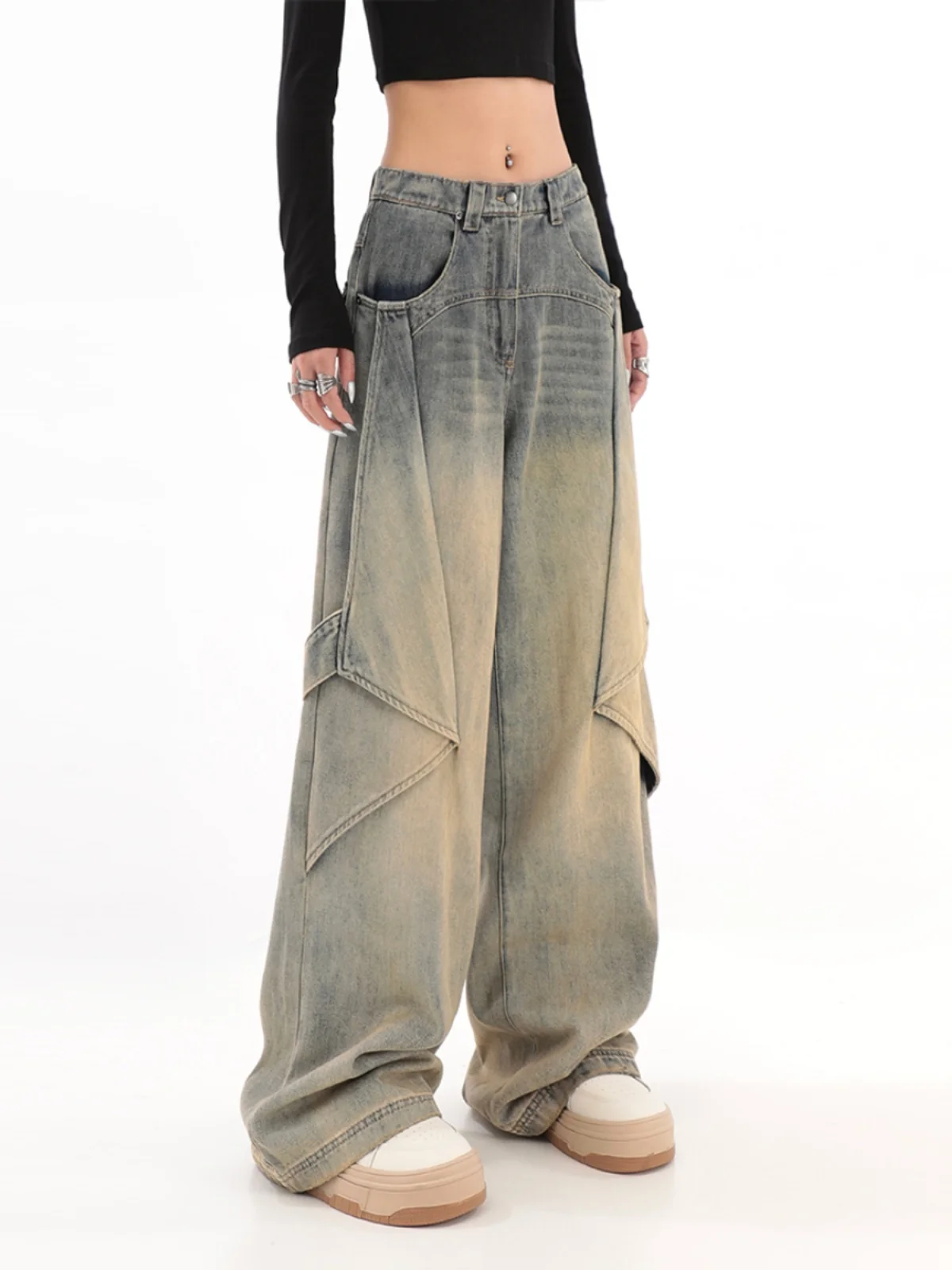 

WCFCX STUDIO Y2k Make Old Harajuku Jeans for Women Chic Vintage Denim Trousers Vintage Streetwear High Waist Jeans