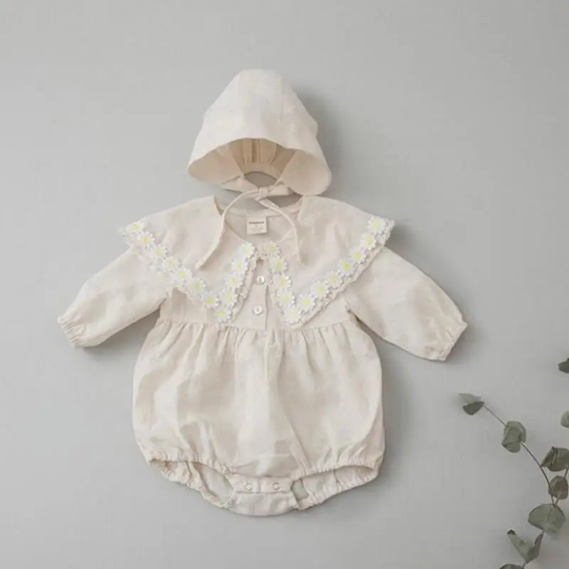 

Sweet Kid Girl Fashion Big Sailor Collar Plaid Loose Bodysuit Retro Flower Long Sleeves Cotton Jumpsuit With Fisherman's Hat