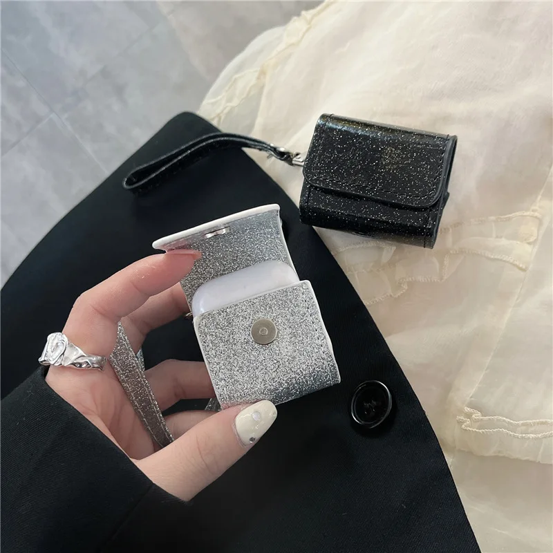 

Glitter PU Leather Lanyard Case for AirPods Pro2 Airpod Pro 1 2 3 Bluetooth Earbuds Charging Box Protective Earphone Case Cover