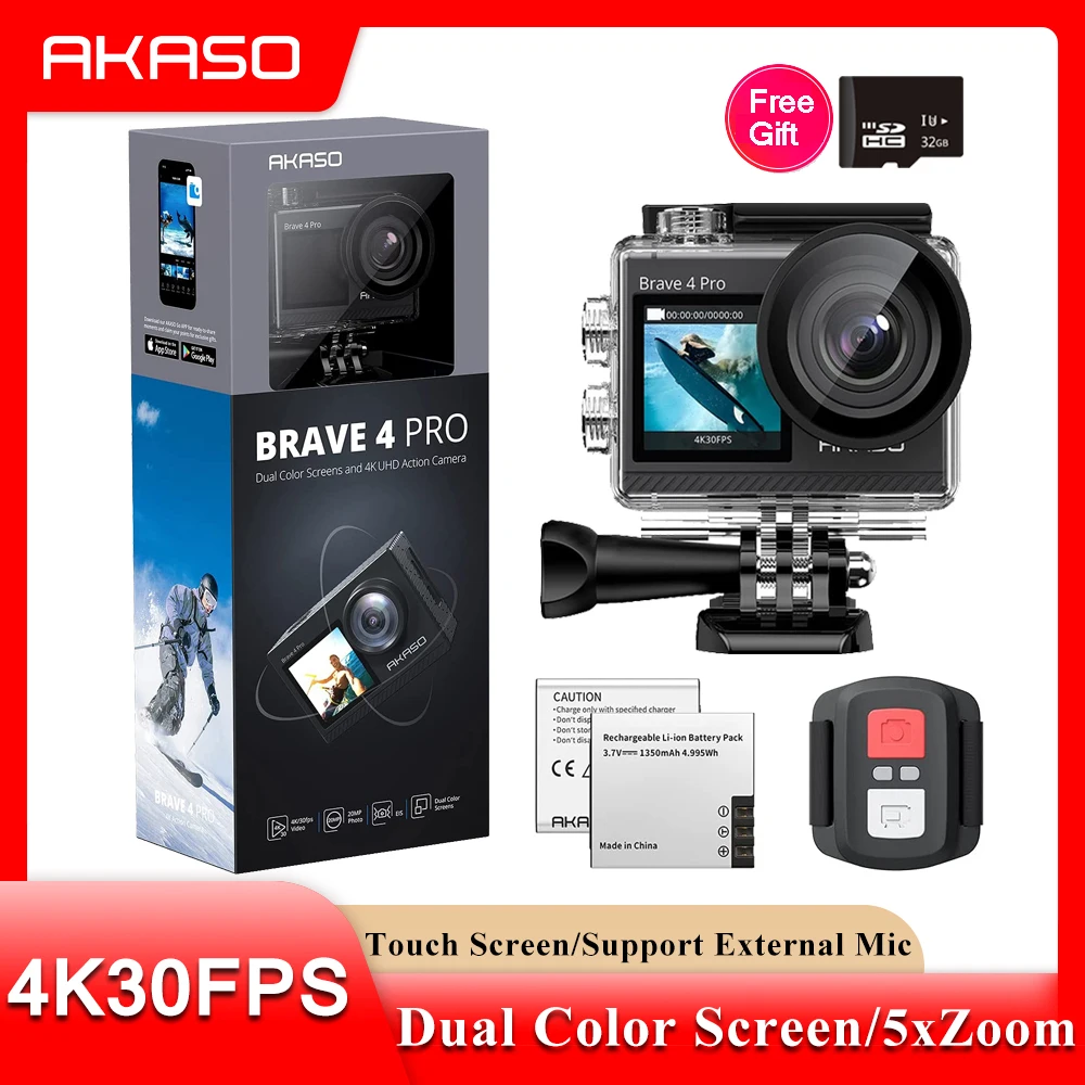 Экшн-камера AKASO Brave 4 Pro 20 МП фута два экрана 5-кратный зум | Электроника