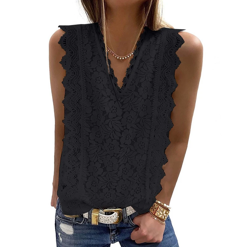 Summer Solid Lace Sleeveless  V-Neck T Shirt Women Fashion Sexy Shirt Hollow Party Shirt Tees Large Size Hot Tank Top Halter top