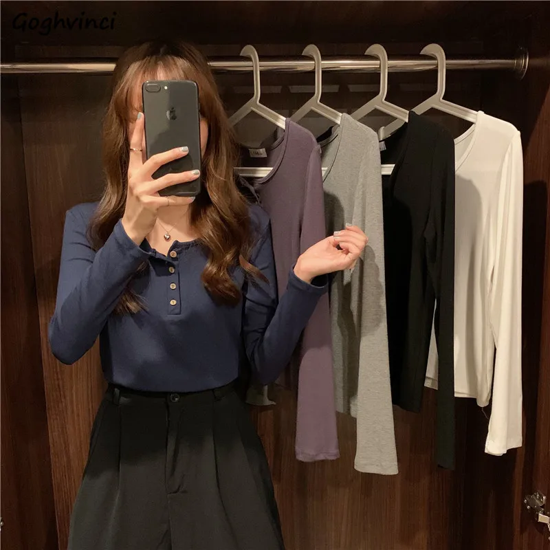 

Футболка женская с длинным рукавом, однотонная облегающая универсальная элегантная винтажная Повседневная модная рубашка на пуговицах, с ...