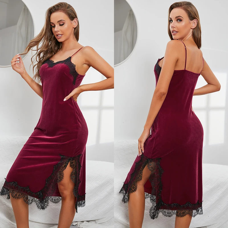 

Velvet Sexy Night Dress Women Lace Sleepwear See Through Nightgown Fork Lingerie Camisolas Backless Sleep Tops 2022 Summer