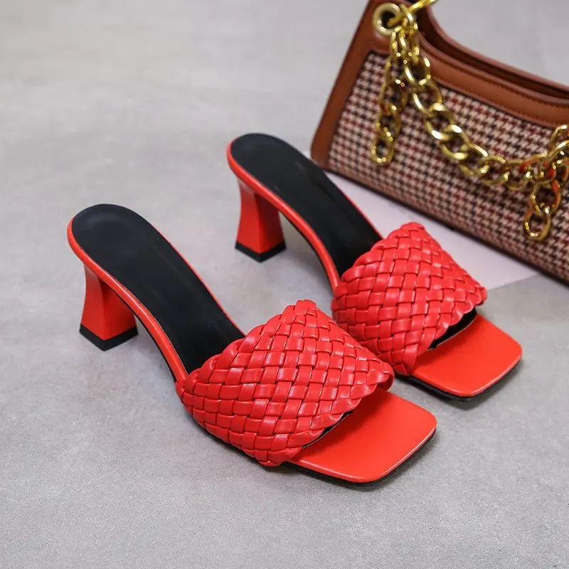 2023 Large Size Slippers Summer Fashion Square Head Woven Medium Heel Fish Mouth Solid Color Shallow Mouth High Heels