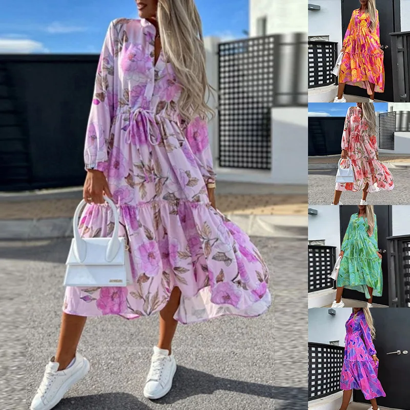 

Women's new fashionable loose printed lantern sleeve pleated dress in spring and summer 2023