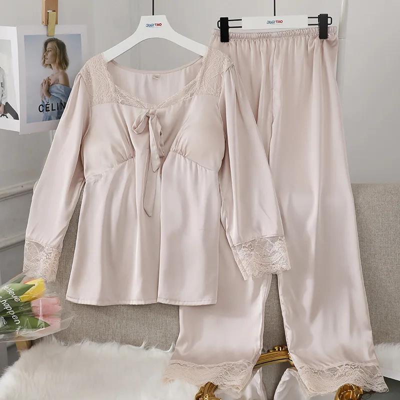 

Two Pieces Pajamas Set Spring Court Style Sleepwear Lady Autumn Long Sleeve Pyjamas Suit Elegant Lace Sleepwear Casual Home Wear
