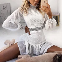 european and american new womens fashion temperament sexy solid color half high collar hollowed out long sleeved dress women