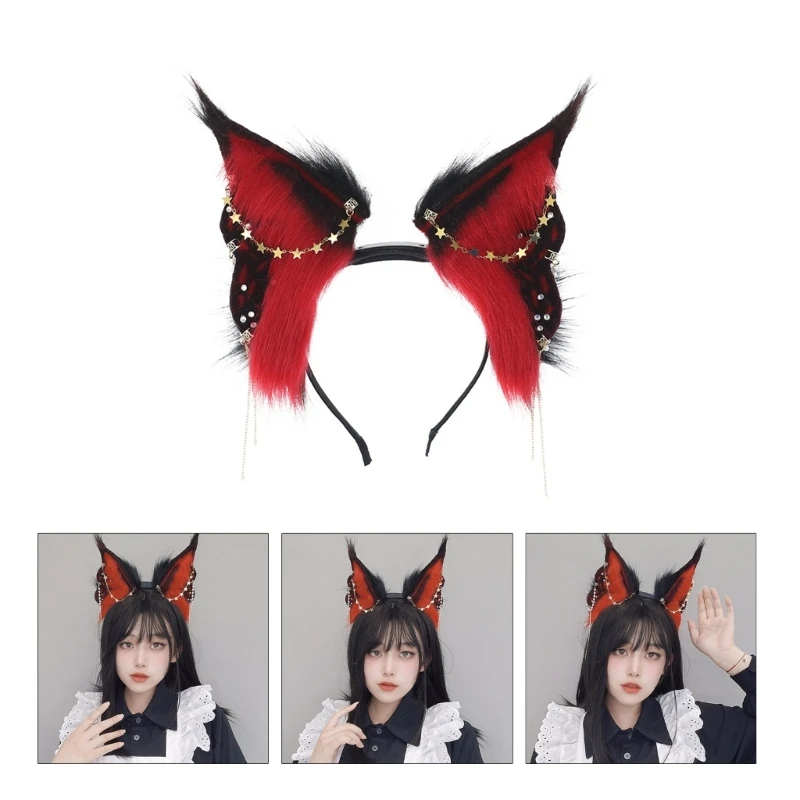 

Bunny Ear Cosplay Game Hair Hoop Woman Headband with Gold Dangle Jewelry Decors