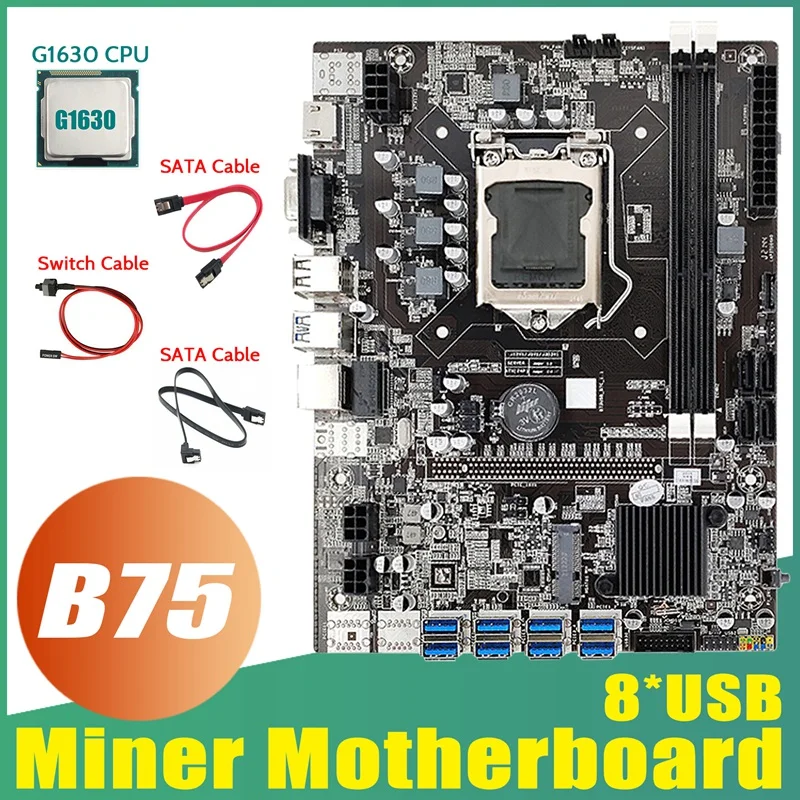 

B75 ETH Mining Motherboard 8XPCIE To USB+G1630 CPU+2XSATA Cable+Switch Cable LGA1155 MSATA B75 USB Miner Motherboard