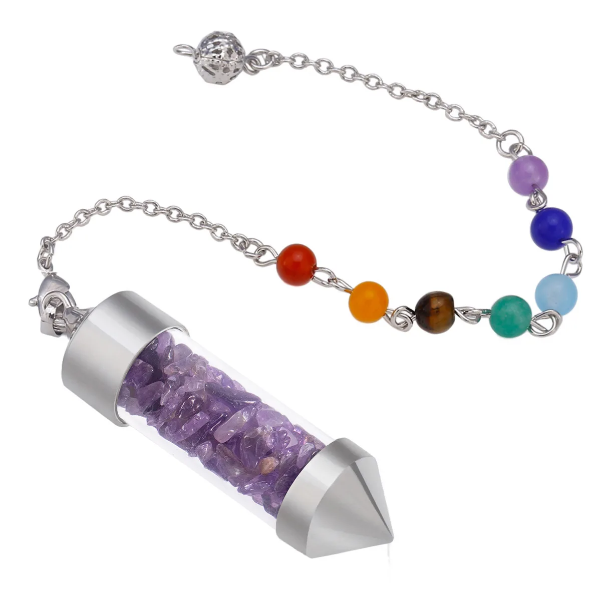 

Fashion Reiki Crushed Stones Wish Bottle Pendant 7 Chakra Stone Chain Pyramid Point Pendulum Healing Amulet Jewelry