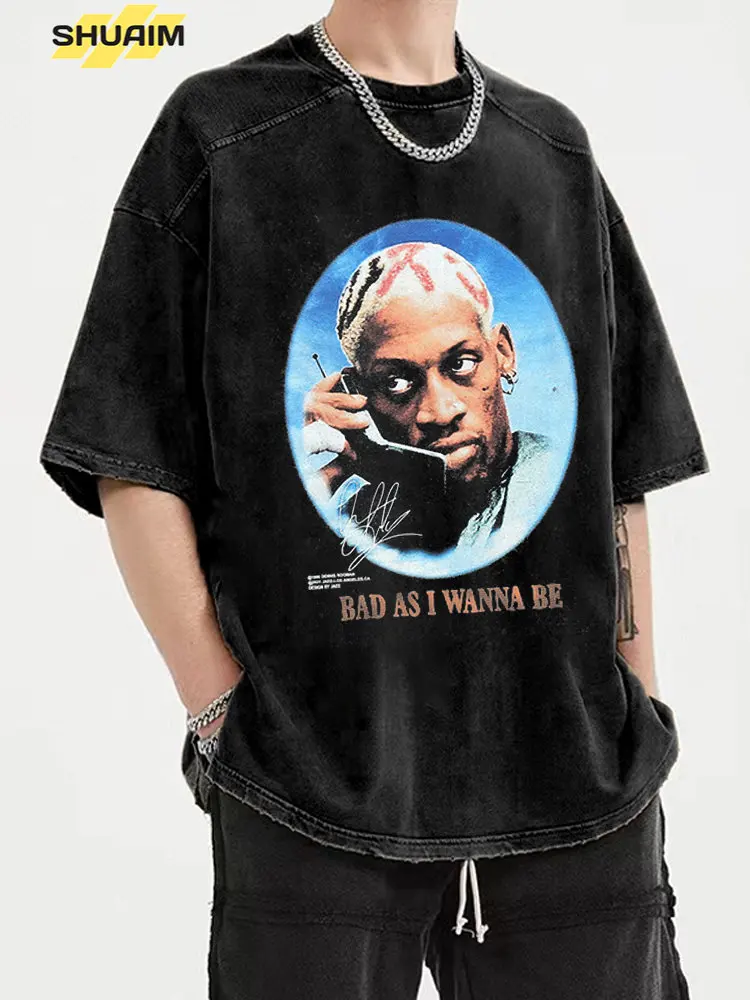 

Мужская футболка в стиле панк, уличная одежда, футболка с принтом Денниса родмена и динозавра, футболка оверсайз, свободная повседневная фу...