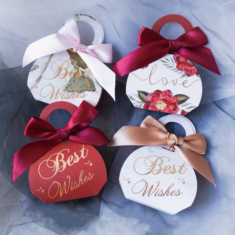 

50 x Party Wedding Favors red/Pink/white Marble flowers Candy Boxes ''best wishes'' ''love'' Gift Box handbag Portable paper bag