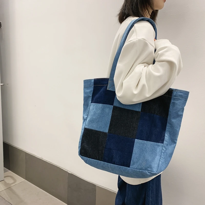 

Plaid Denim Handbags For Women Canvas Tote Shoulder Bag Female Jeans Big Shopping Eco Bag Korean High Quality Hand Bags Purses