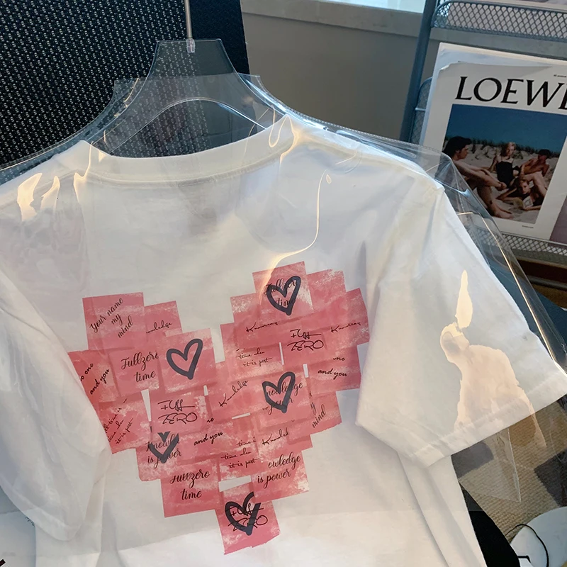 

Heart Post-it Notes Print ladies T-shirt ladies casual O-collar white shirt short sleeve ladies T-shirt love graphic printing