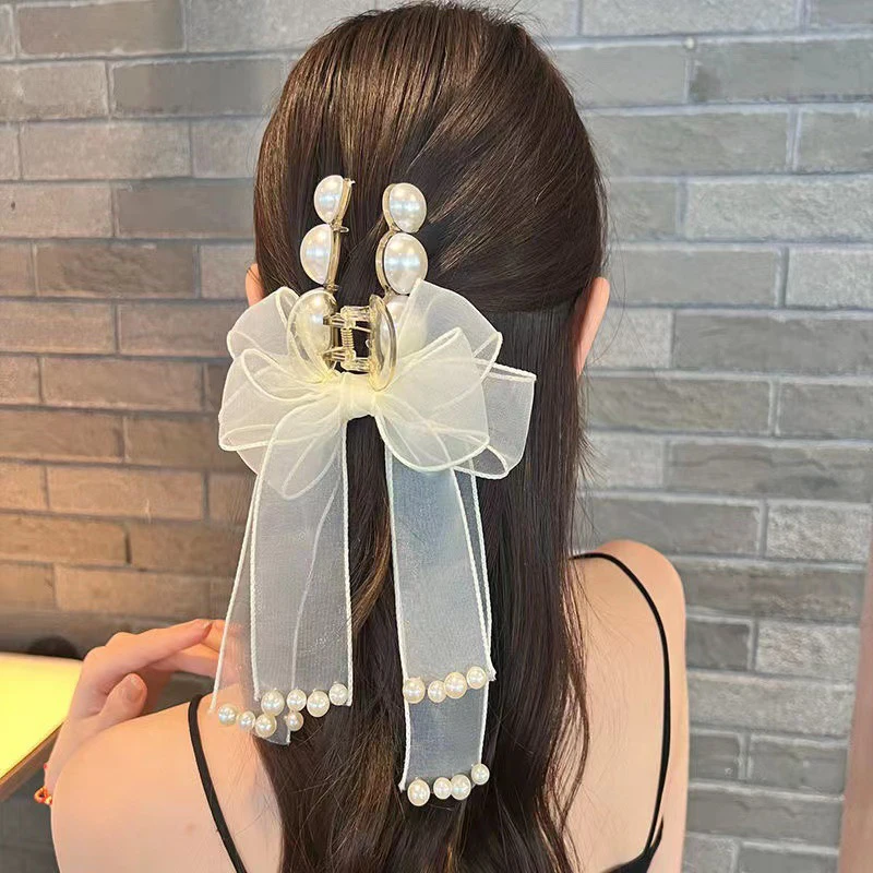 

Sweet Cute Big Bow Hair Clips Simple Elegant Pearl Hair Claws Fashion Black Ribbon Side Hairpin For Girls