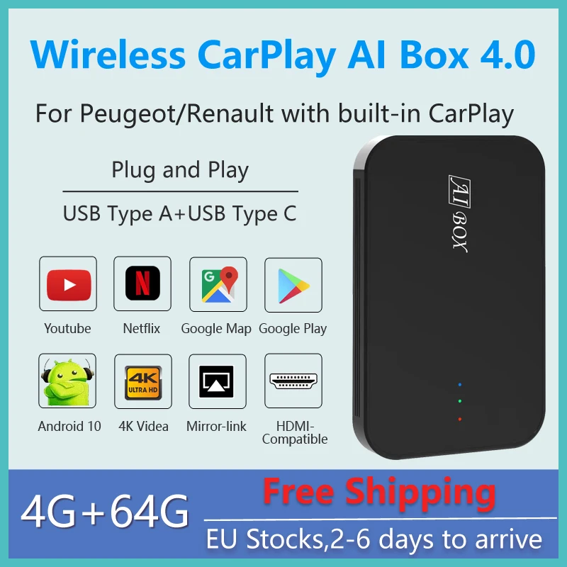 

Car Apple CarPlay YouTube Netflix Video Bluetooth GPS Navigation AI Box,for Peugeot Renault 208 308 408 508 2008 3008 4008 5008