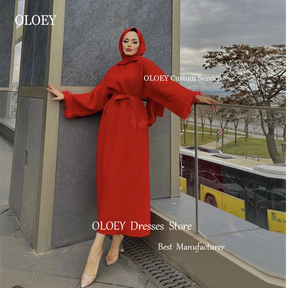 

OLOEY Muslim Arabic Red Evening Dresses Puff Long Sleeves Feathers O-Neck Formal Party Prom Gown With Hijab Celebrity Bride