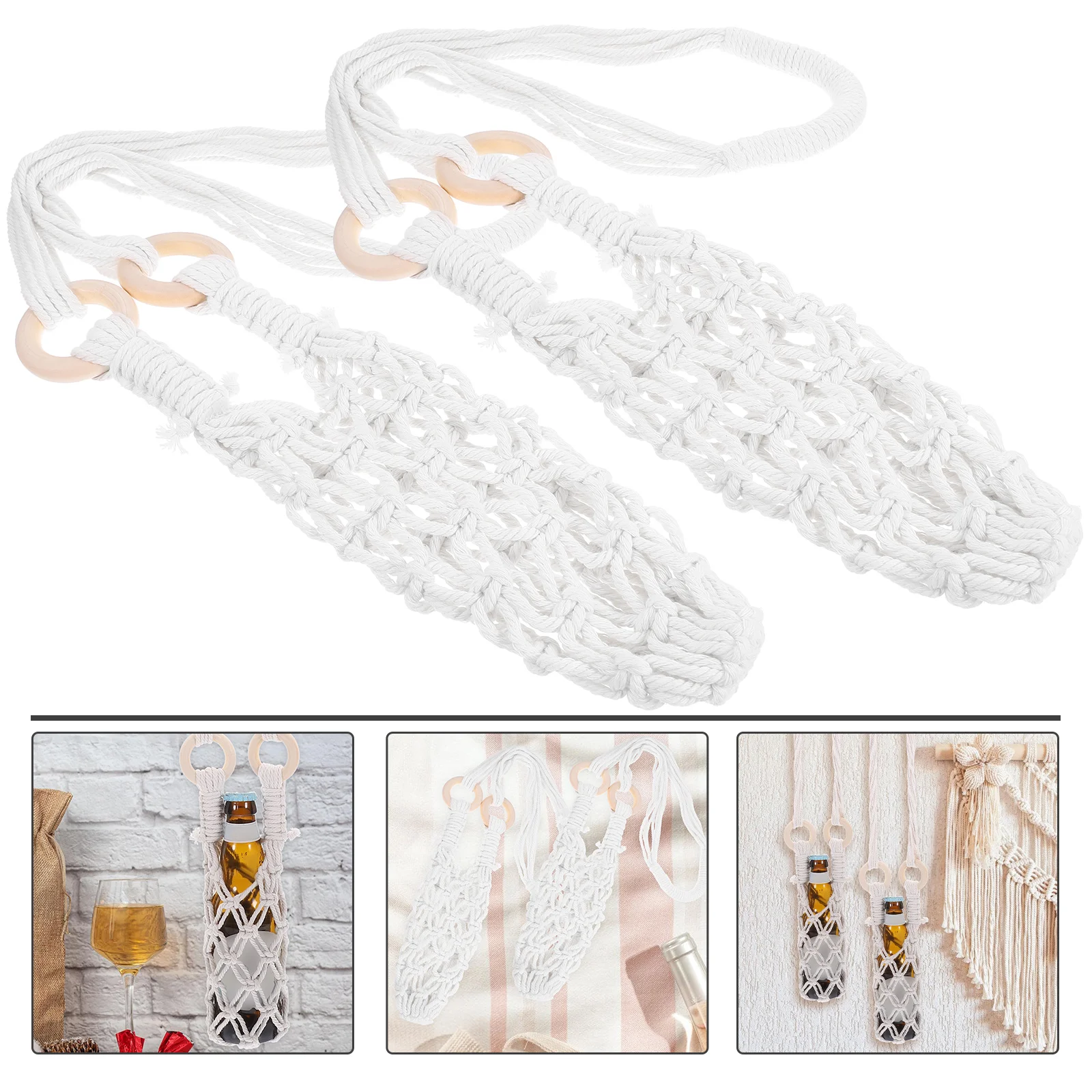 

2 Pcs Kitchen Fruit Hammock Cotton Woven Storage Basket Hand-woven Net Bag Vegetable Wall Hanging Decoration Bottle