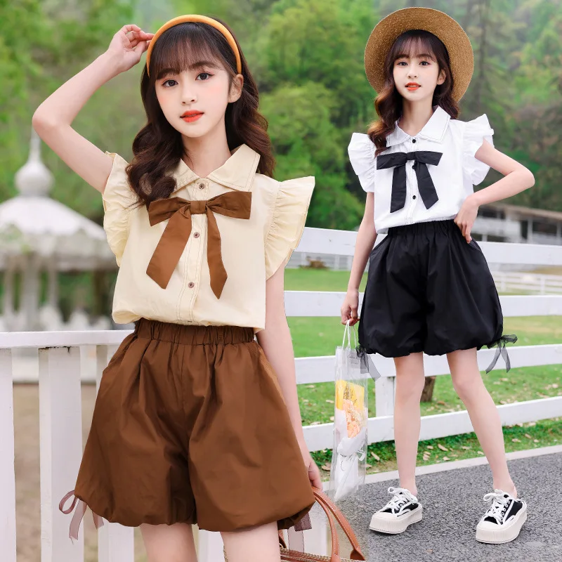 

Girls Clothes Sets Fly Sleeve Shirt+ Shorts 2022 Summer New Kids Clothing Toddler Children Outfits Teenage 6 8 10 12 Year