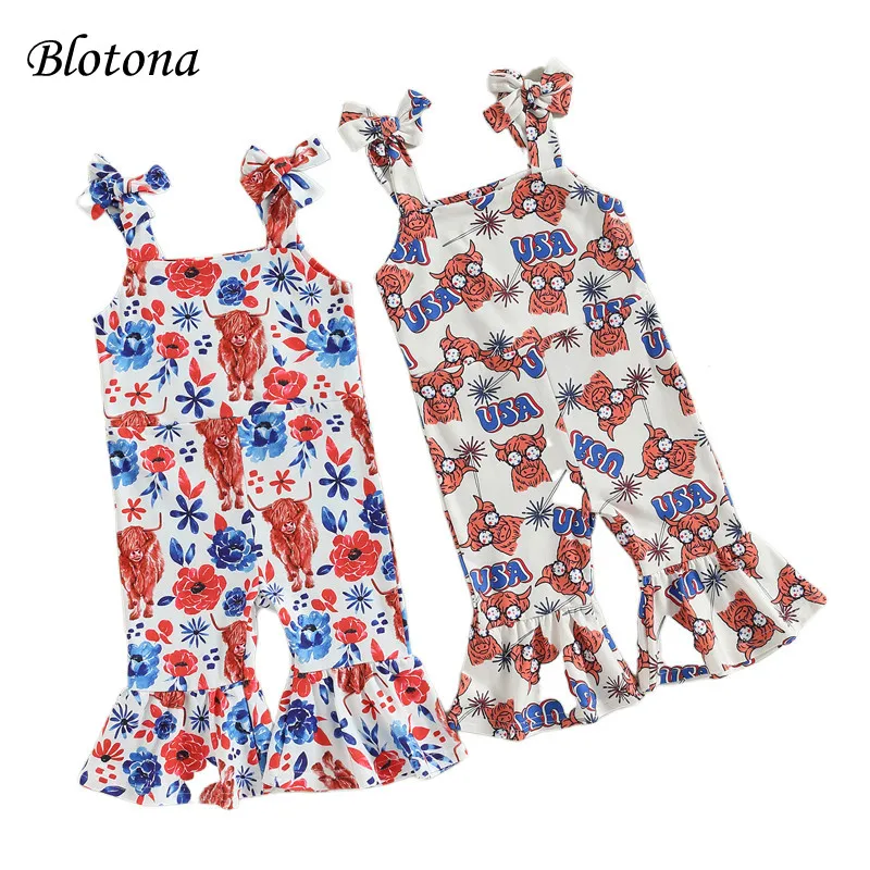 

Blotona Toddler Girl Fourth of July Jumpsuit, Sleeveless Cow Print Romper Overalls Bell-Bottoms Rompers 6Months-3Years