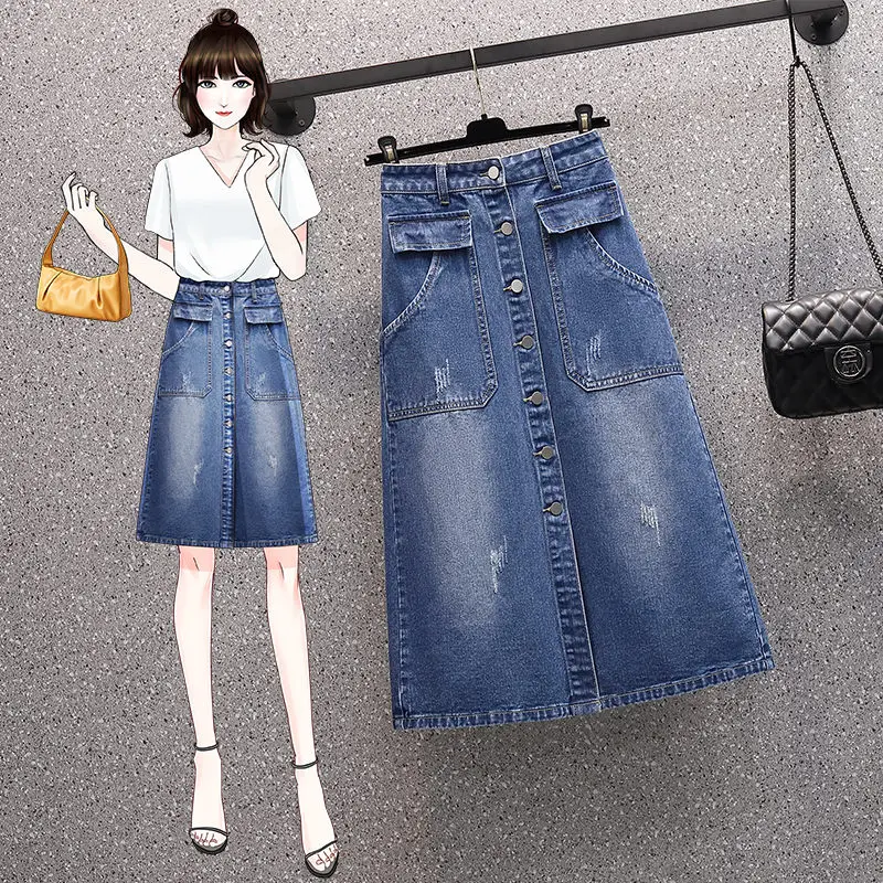 

Модная юбка с высокой талией, Новинка лета 2022, женская джинсовая юбка А-силуэта средней длины большого размера, корейские джинсы на пуговицах Saias h1552