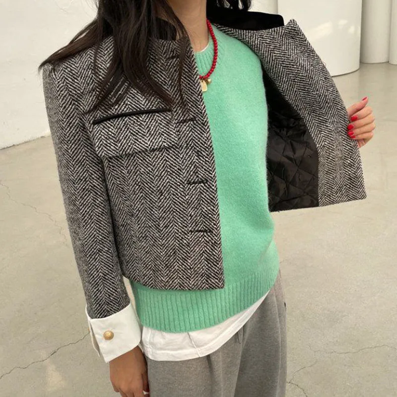 

Женский стиль, женская клетчатая Длинная тонкая куртка 2023, куртка с рукавами и карманами для пуговиц, укороченная Корейская Весенняя металлическая куртка Hdspq