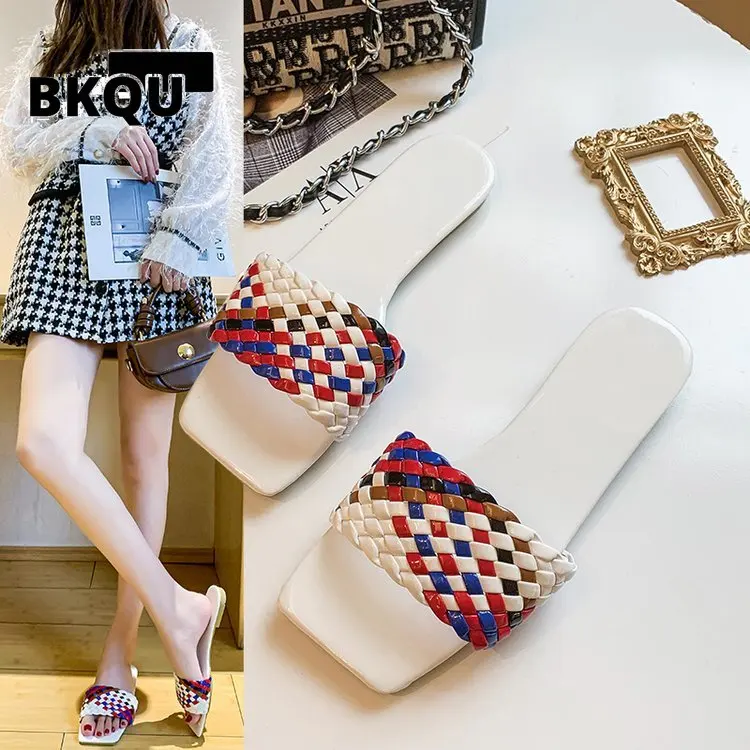 

2022 Slippers Women Summer Square Toe Casual Flat Ladies Multicolor Slides Female Weave Flip Flops Women's Home Shoes Plus Size