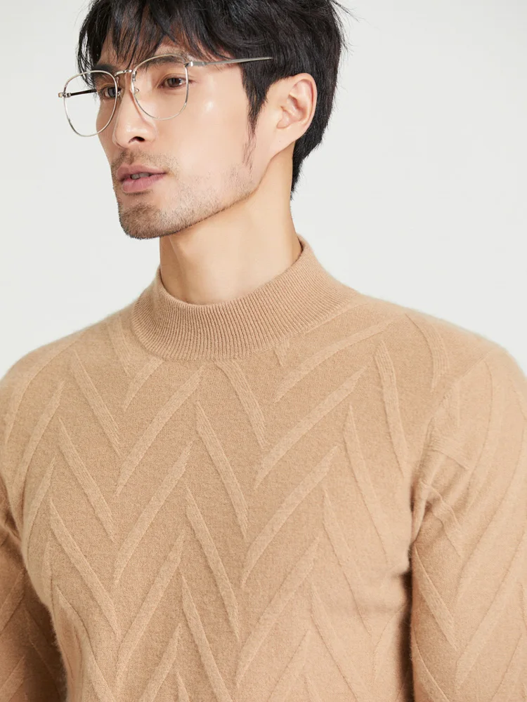 

zocept Winter Fashion Casual Mock Neck Long Sleeve Solid Jacquard Knitted High Quality Soft Cashmere Warm Men's Sweater Pullover