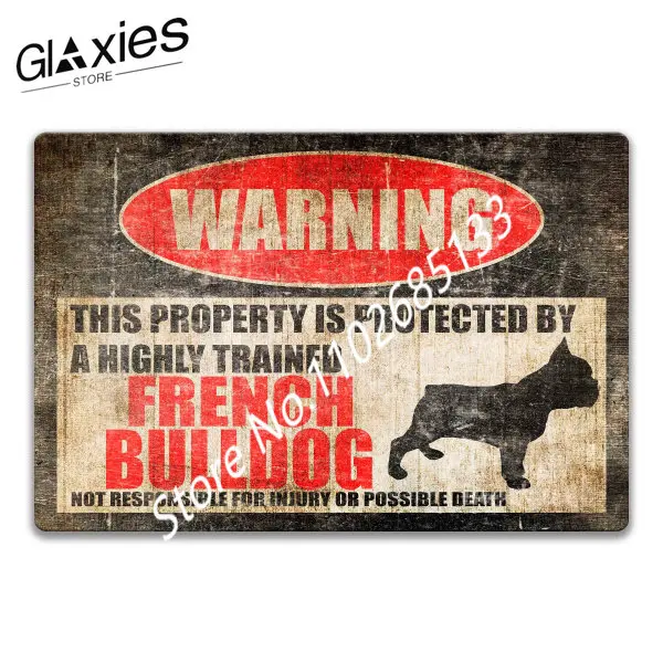 

French Bulldog Sign Funny Beware of Dog Warning Danger Metal Tin Sign Vintage Tin Metal Sign